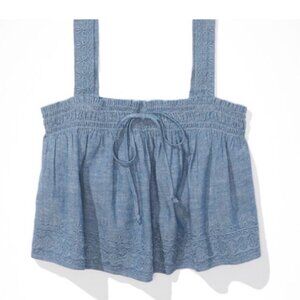 American Eagle Crop Tank Top Swing Blue Embroidered Smock Tie Front Crop Top M